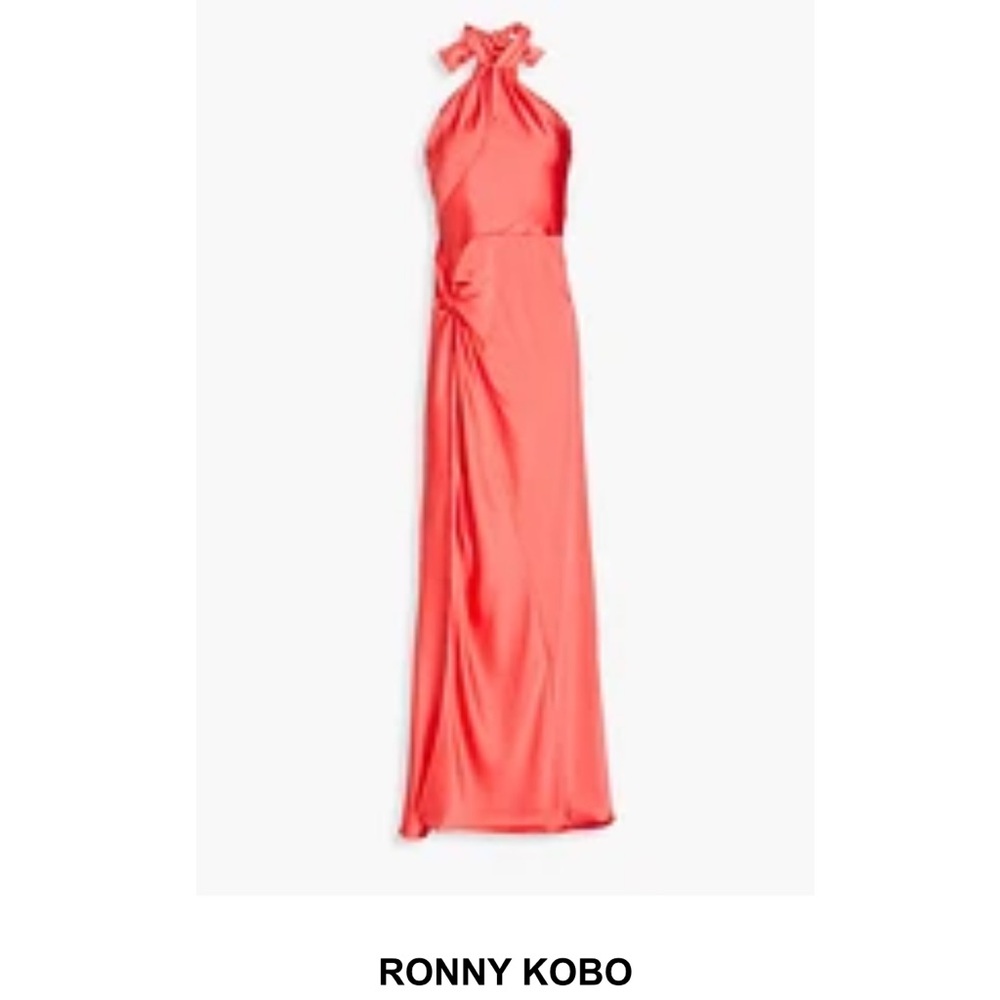 Ronny Kobo Collection Vibrant Coral Samra Knotted Satin Maxi Dress